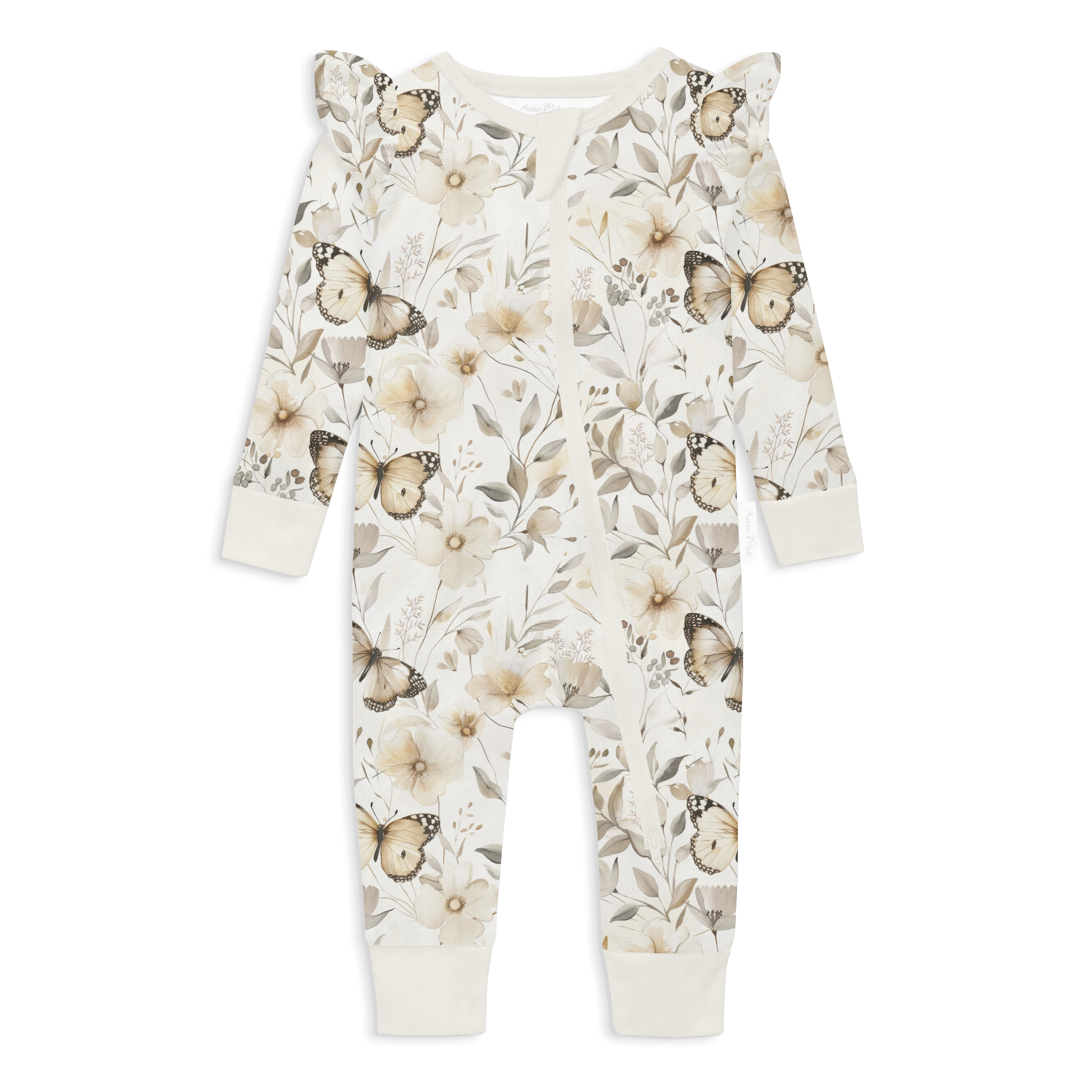 Baby onesie with butterfly and floral pattern on a white background