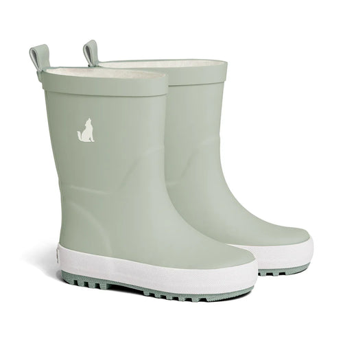 Crywolf Rain Boots Moss, a sage green rubber boots with white soles on a white background