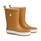 Pair of brown rain boots with white soles on a white background
