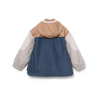 Back view of a color-blocked kids' jacket featuring a tan hood, light gray sleeves, and a deep navy blue lower body.