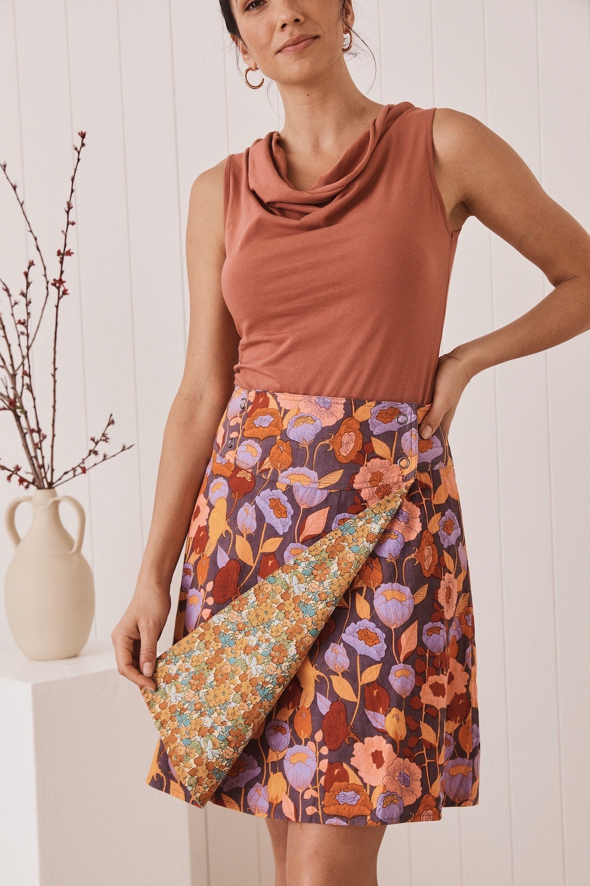 MahaShe Chameleon Reversible Skirt in Poppy Peach & Buttercup| 2-in-1 Cotton A-Line Wrap Skirt
