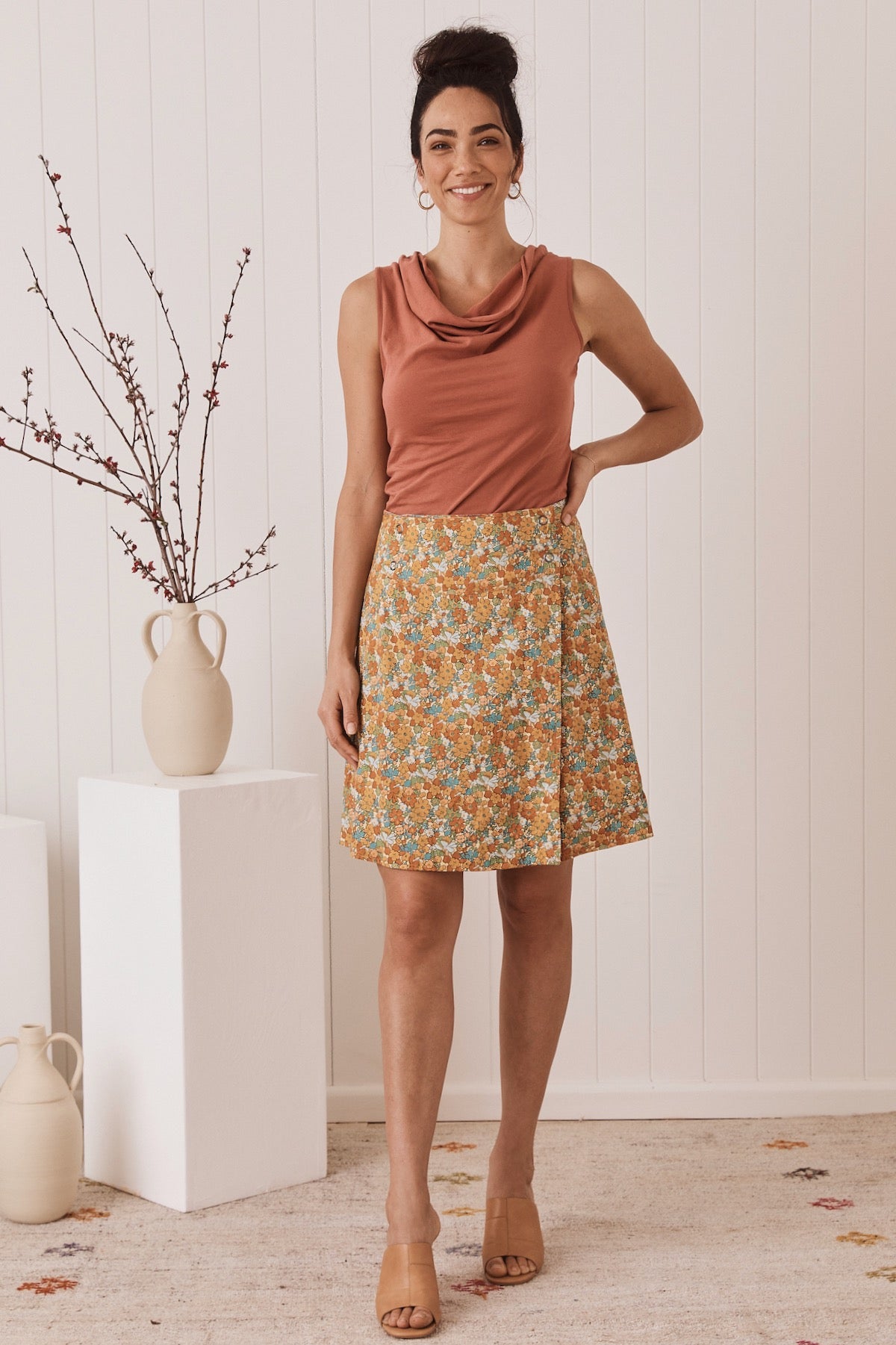 MahaShe Chameleon Reversible Skirt in Poppy Peach & Buttercup| 2-in-1 Cotton A-Line Wrap Skirt