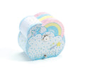 Djeco Unicorn Dream Music Box, an Open pastel blue children's music box decorated with yellow stars and white dots, featuring a yellow-lined interior, cloud-shaped vanity mirror, and a white unicorn figurine with a pink and blue mane.