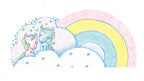 Close up of Two cartoon unicorns on clouds with a rainbow in the background.