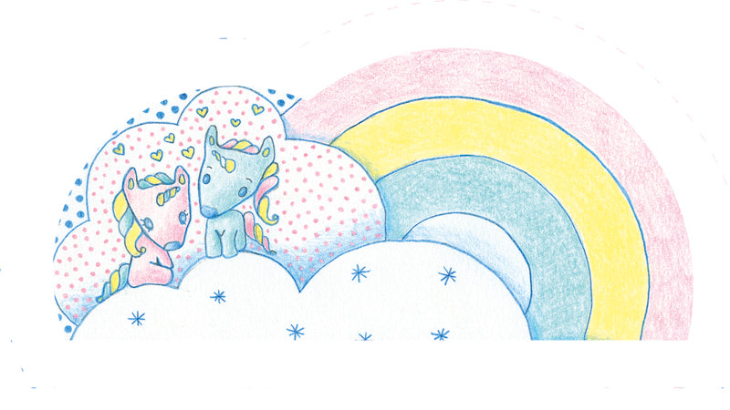 Close up of Two cartoon unicorns on clouds with a rainbow in the background.