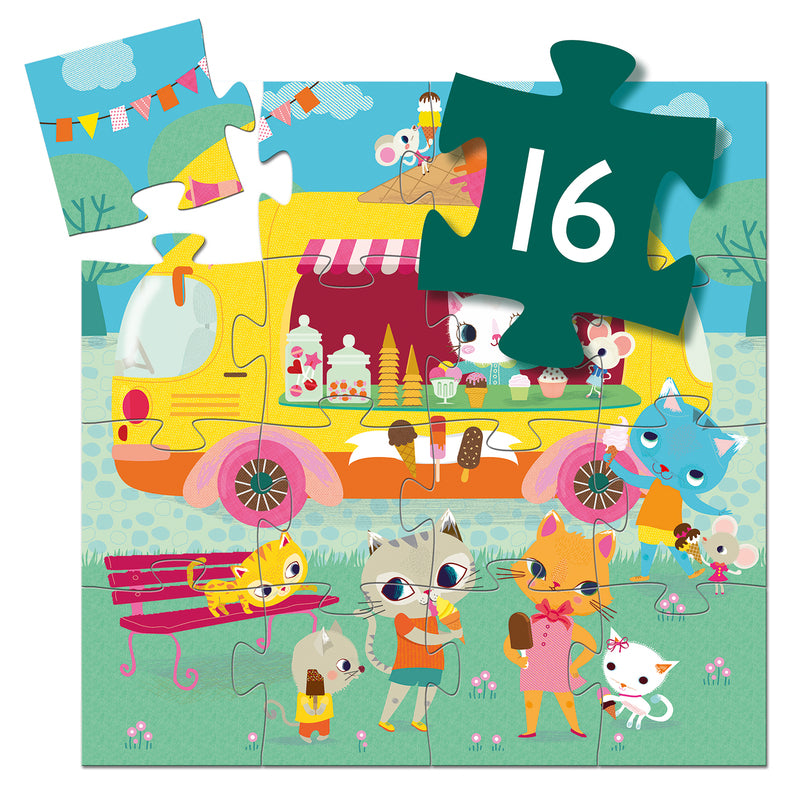 Children's puzzle with cartoon animals around a yellow van, missing pieces revealing a number 16.