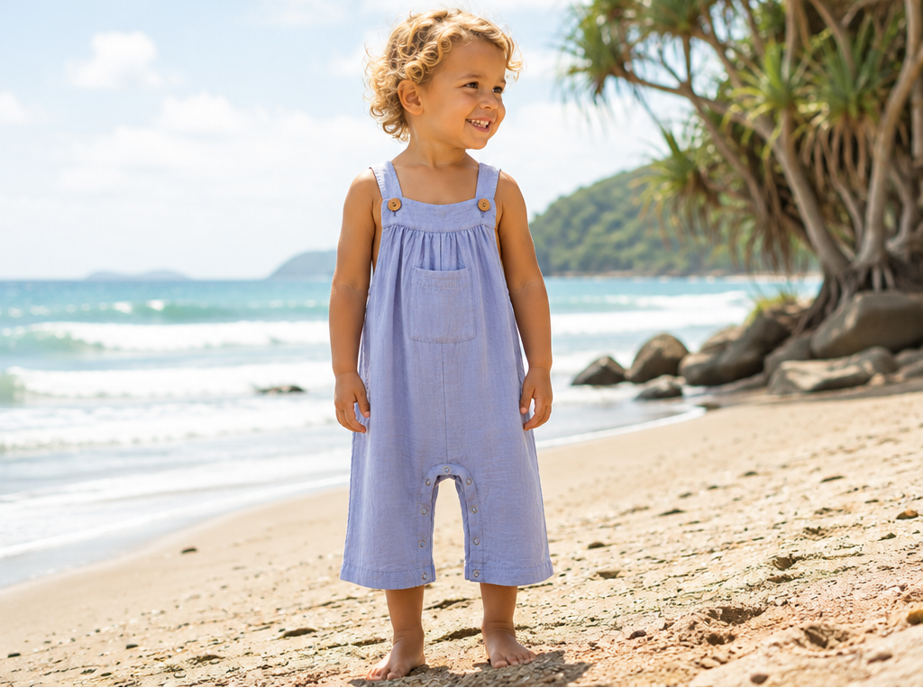 A child's sleeveless overall romper in a light periwinkle blue fabric, shown both as a standalone product shot on a white background and modeled by a young child standing on a sandy beach.