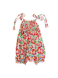 Flat-lay product view of a children's sleeveless bubble romper featuring Fiesta Bloom print, a white base with a vibrant floral pattern in red, orange, green, and blue. Complete with smocked bodice detailing and adjustable tie-shoulder straps
