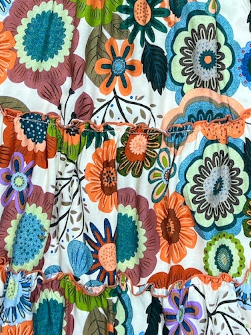 Close up picture of MilaMeli Evie Dress Flower Pop Teal fabric.