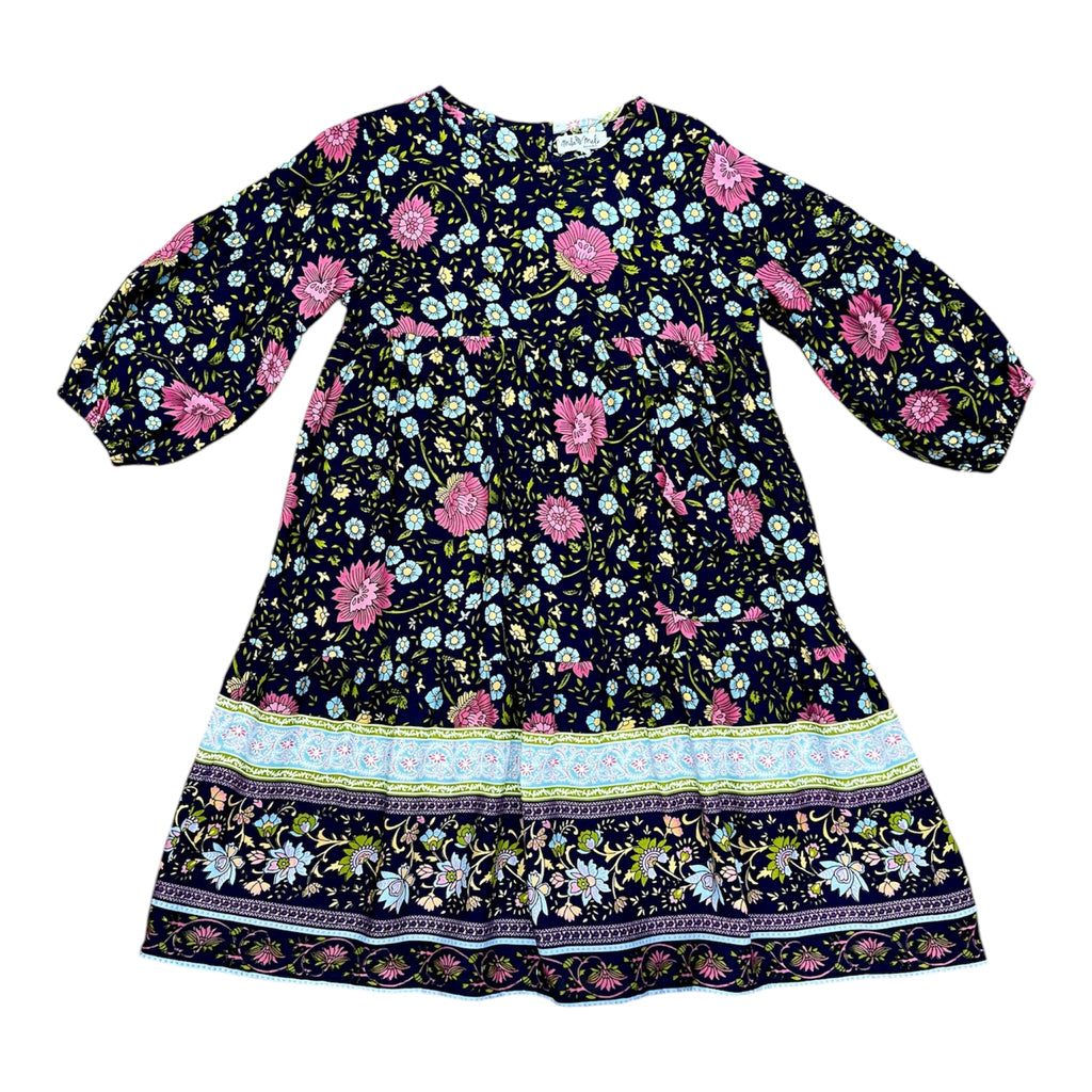 A long-sleeve MilaMeli Lotte Dress Indigo Wildflower Print in a white background.