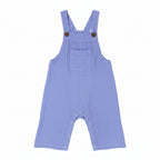 Light blue cotton gauze baby overall romper with adjustable shoulder straps, front patch pocket, and snap closures at the crotch and leg openings, shown flat on a white background.