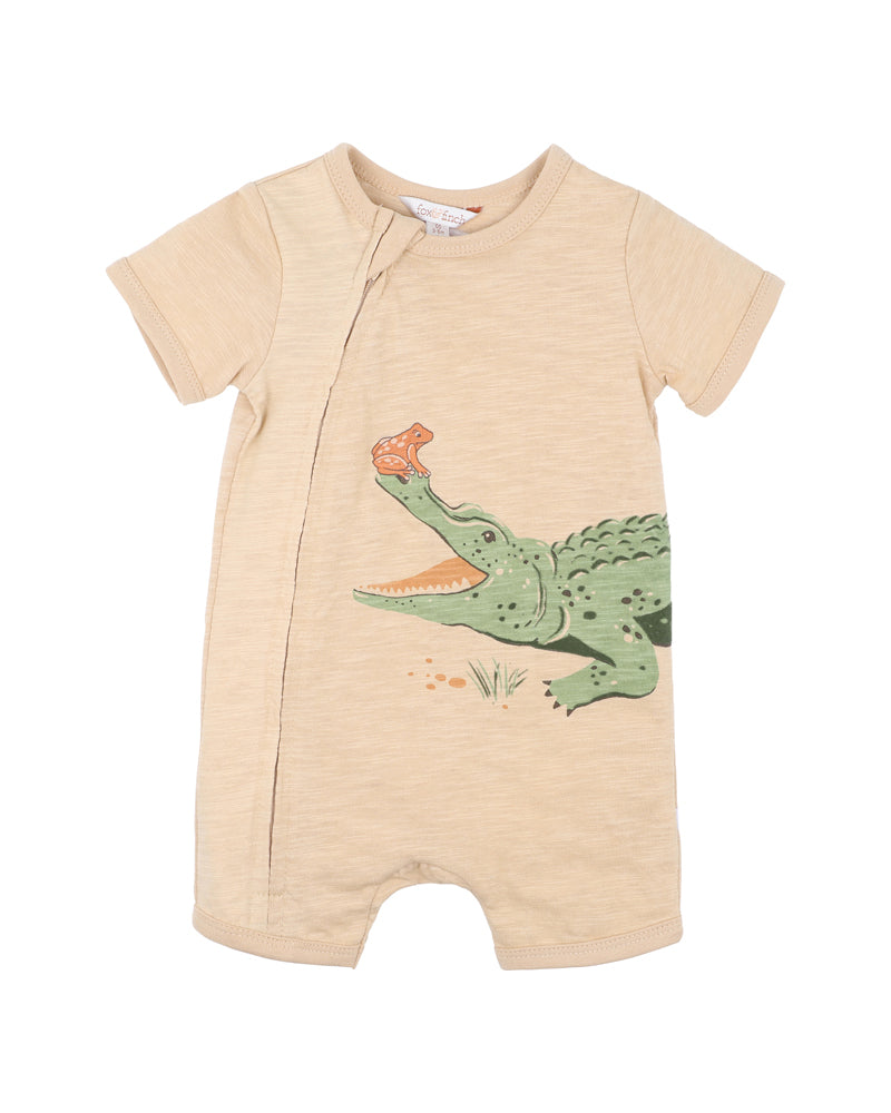 Fox & Finch Baby Boy Crocodile Short Sleeve Zip Romper - Blue Jersey One-Piece
