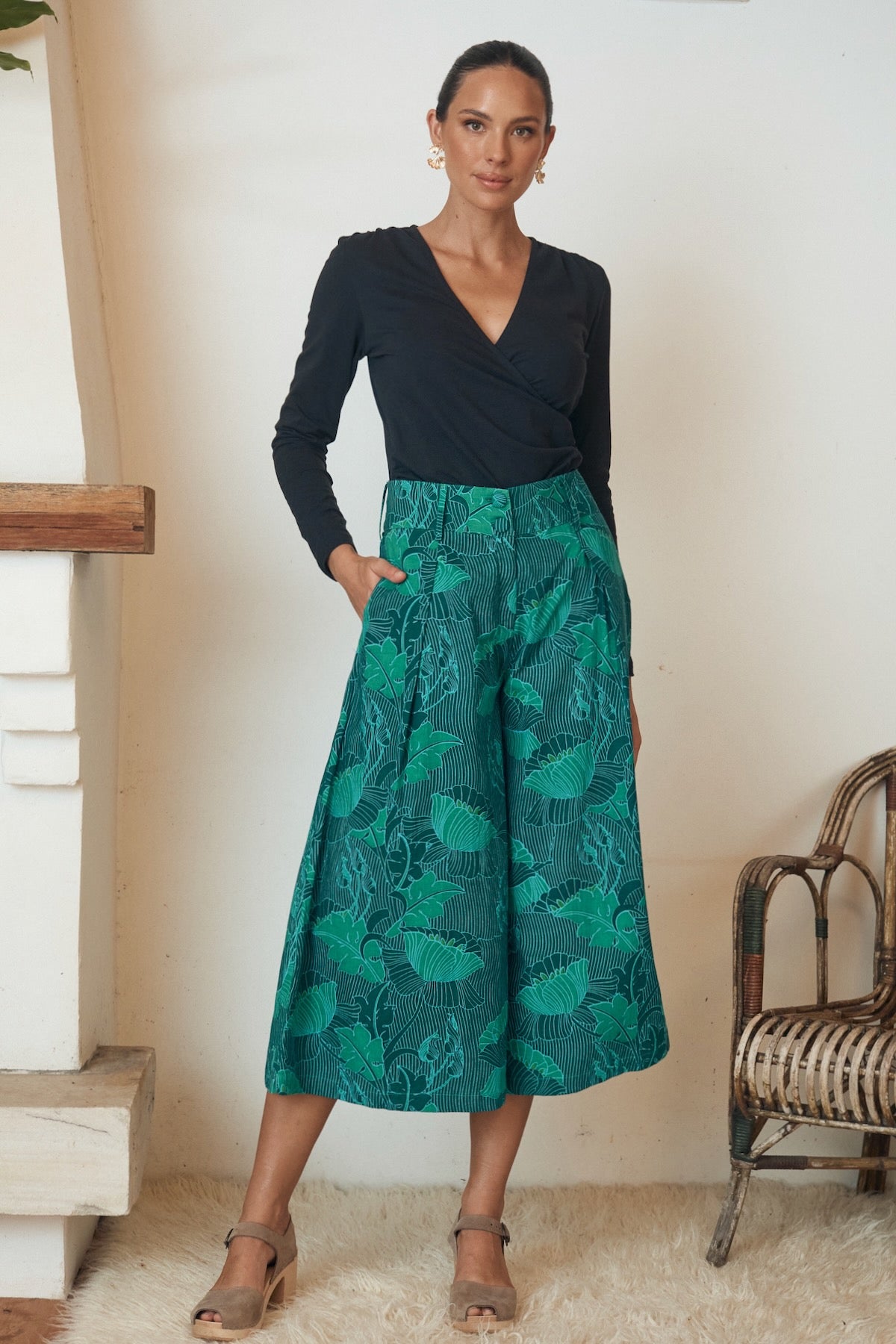 MahaShe Simone Trouser in Lotus & Aqua | High-Waisted 100% Cotton Floral Pants
