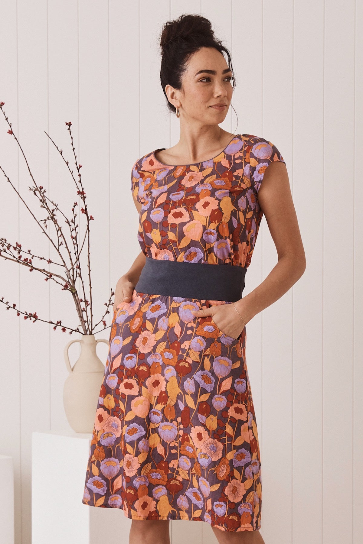 MahaShe Sita Skirt in Poppy Peach | 100% Cotton Floral Wrap-Style Midi Skirt