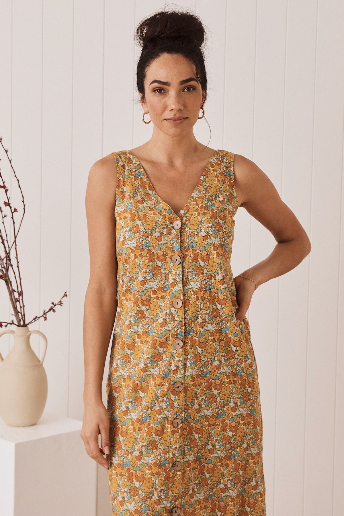 MahaShe Sunday Dress in Buttercup | 100% Cotton Floral Midi Sun Dress
