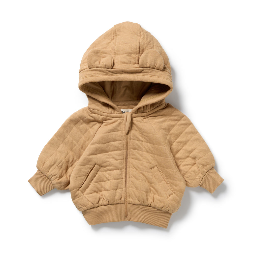 Wilson & Frenchy Honey Fawn Organic Quilted Jacket, a Beige quilted hoodie on a white background.
