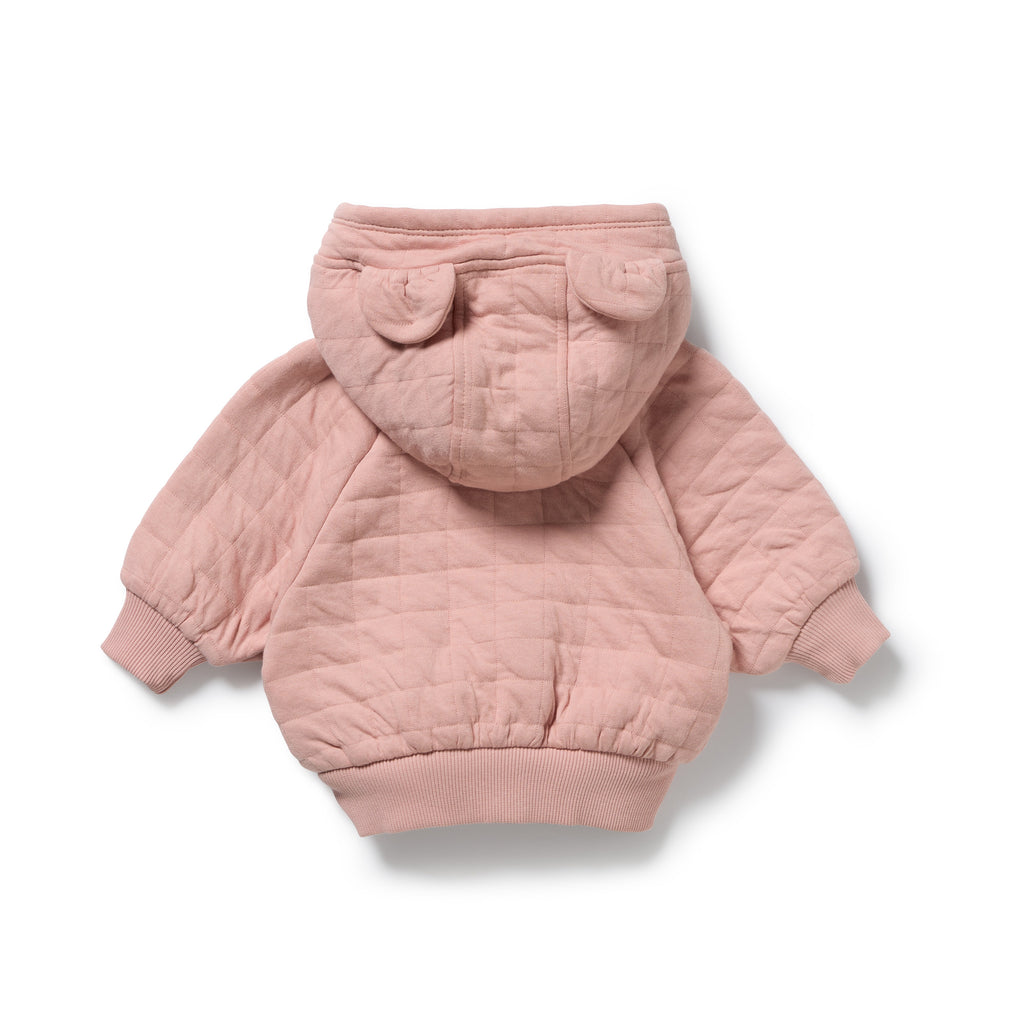 Wilson & Frenchy Rose Organic Quilted Jacket, a Pink quilted jacket with bear ears on a white background.