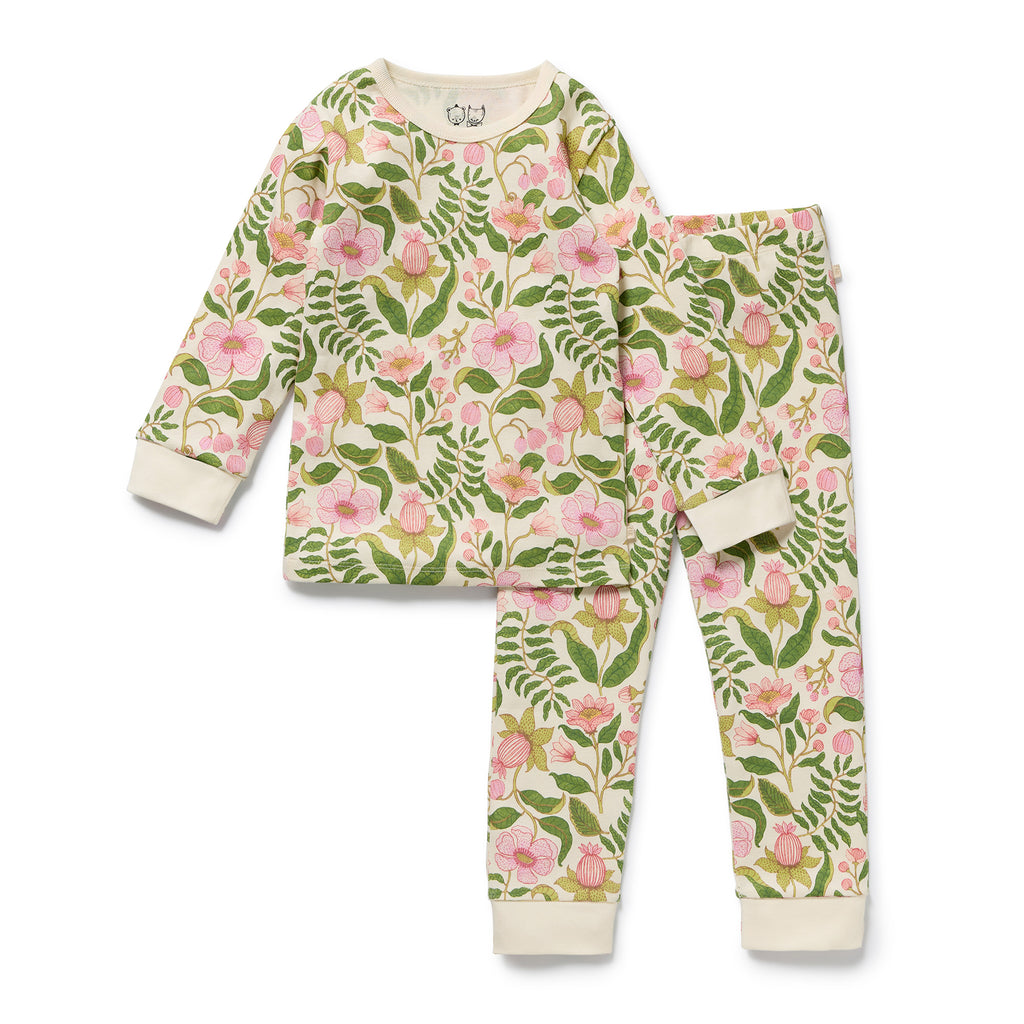 Wilson & Frenchy Organic Cotton Pyjamas, a Floral pajama set with pink flowers and green leaves.