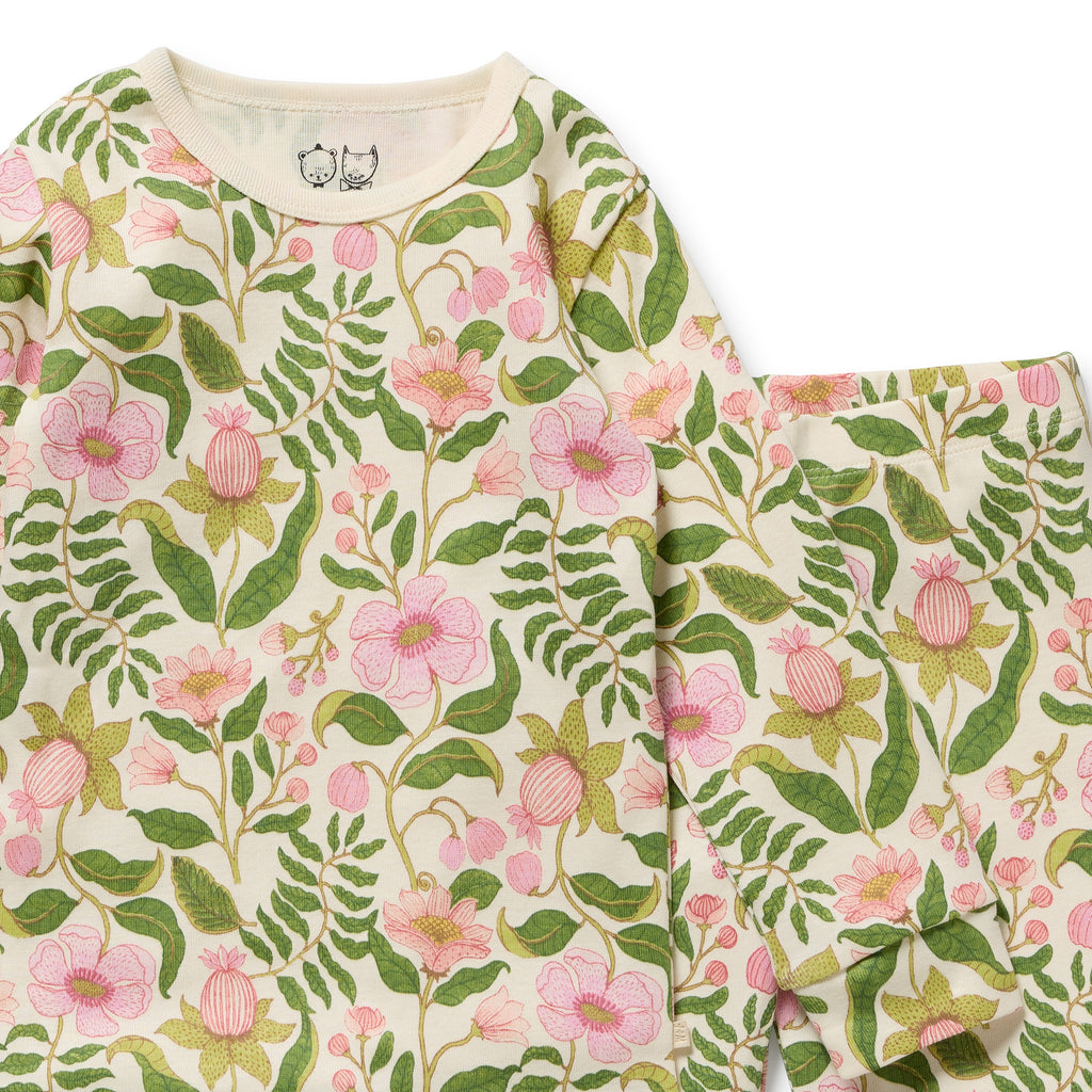 Wilson & Frenchy Organic Cotton Pyjamas, a Floral pajama set with pink flowers and green leaves.
