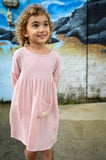MilaMeli Evie Dress Mushy Pink Muslin Cotton w Feather Embroidered Pocket