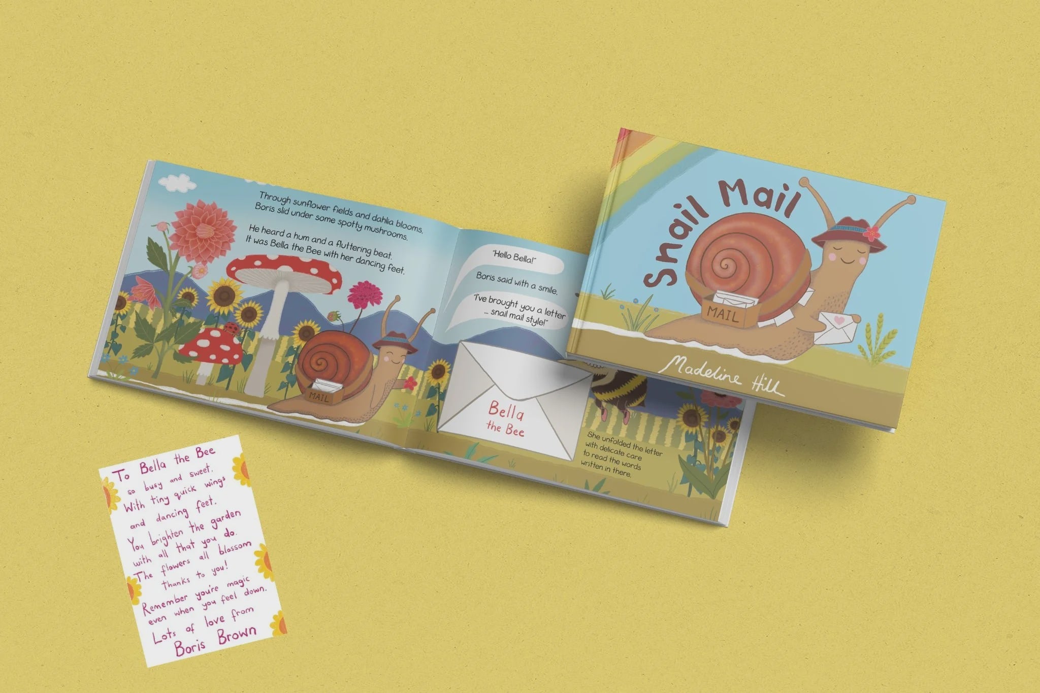 Children's book titled 'Snail Mail' with a snail character on a yellow background